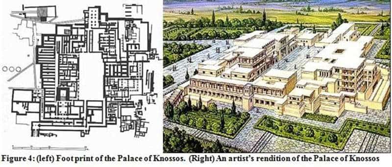 The maze-like layout of Minoan palace at Knossos (left) and a possible reconstruction (right), via Minoan Labyrinth