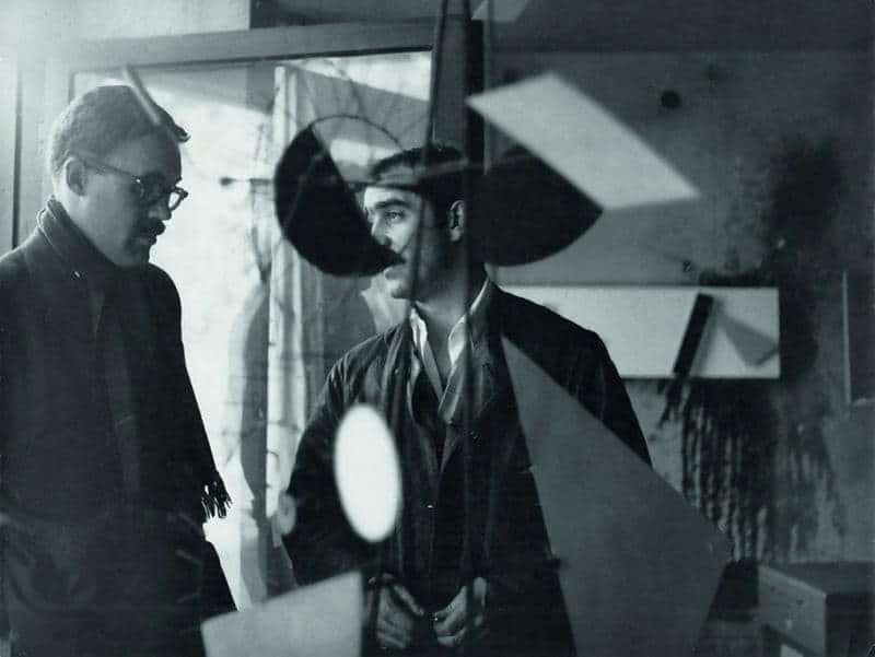 Pontus Hultén and Jean Tinguely at the Galerie Samlaren in Stockholm, 1955, Photo by Hans Nordenström