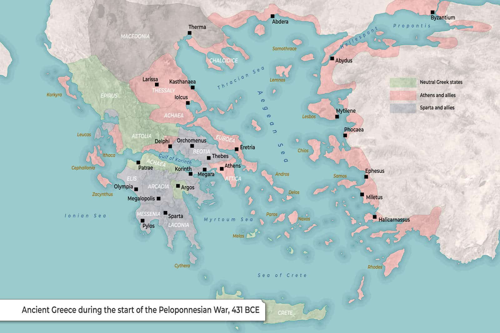 Map of Ancient Greece in 431 BCE: Start of the Peloponnesian War