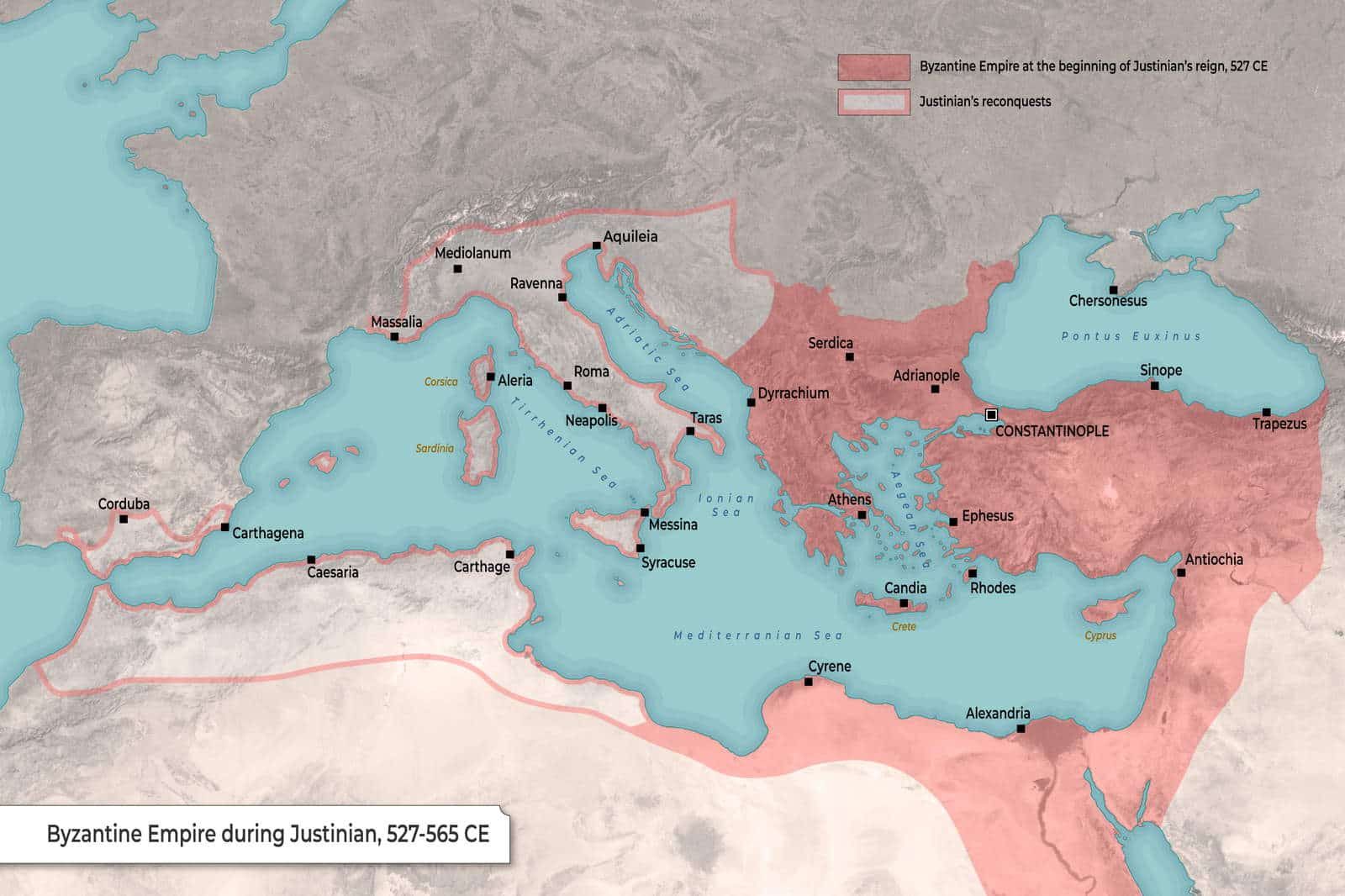 Map of the Byzantine Empire under Justinian (527-565)